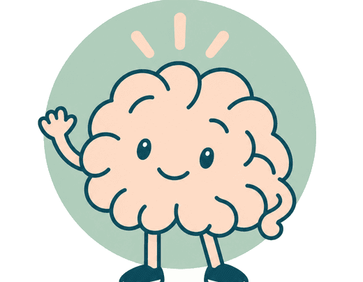 The Confident Brains mascot, a friendly brain waving hello