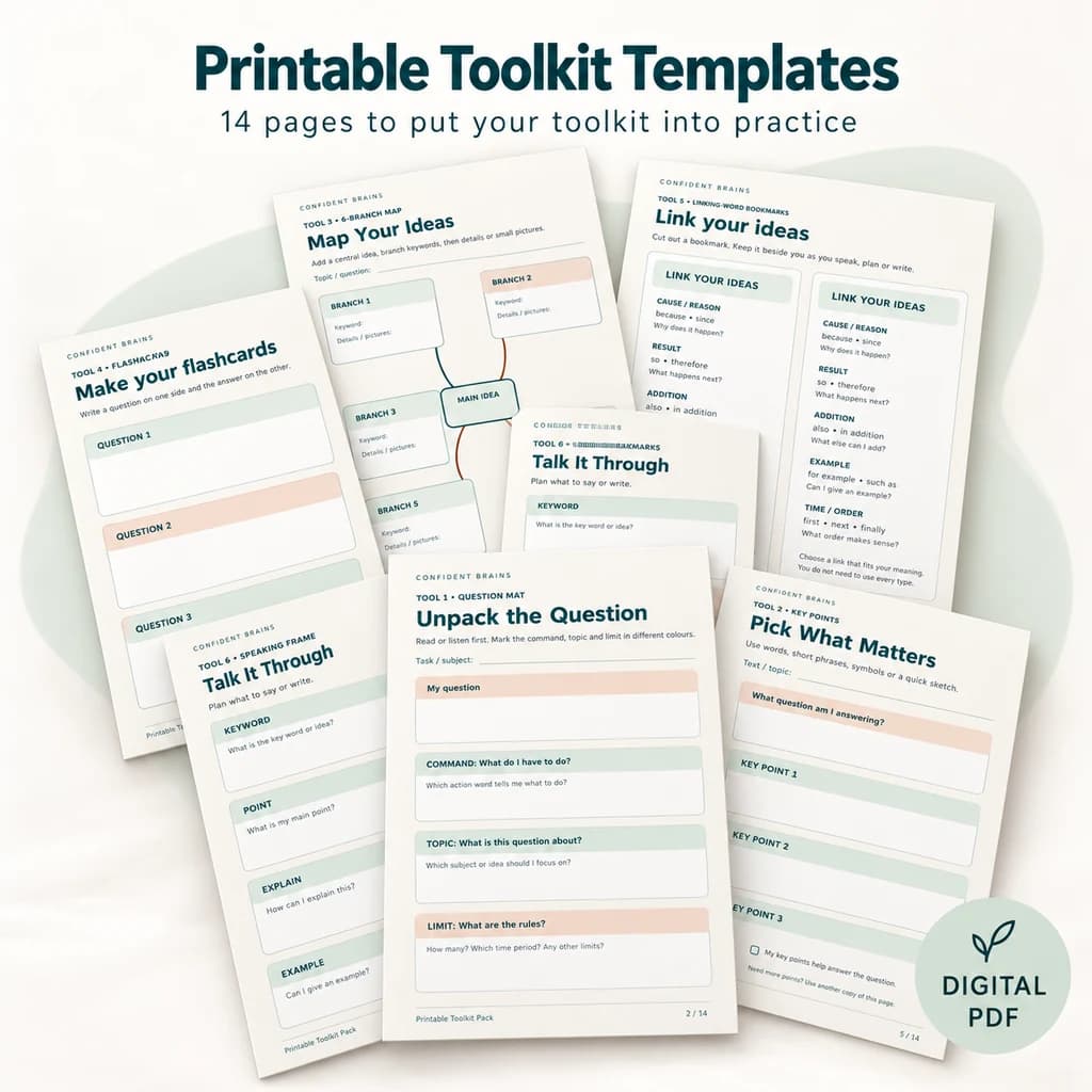 Toolkit templates digital PDF, showing question mats, flashcards, idea maps and speaking frames