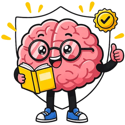 Confident Brains dyslexia tutoring Sunshine Coast mascot - a cartoon brain with glasses reading a book